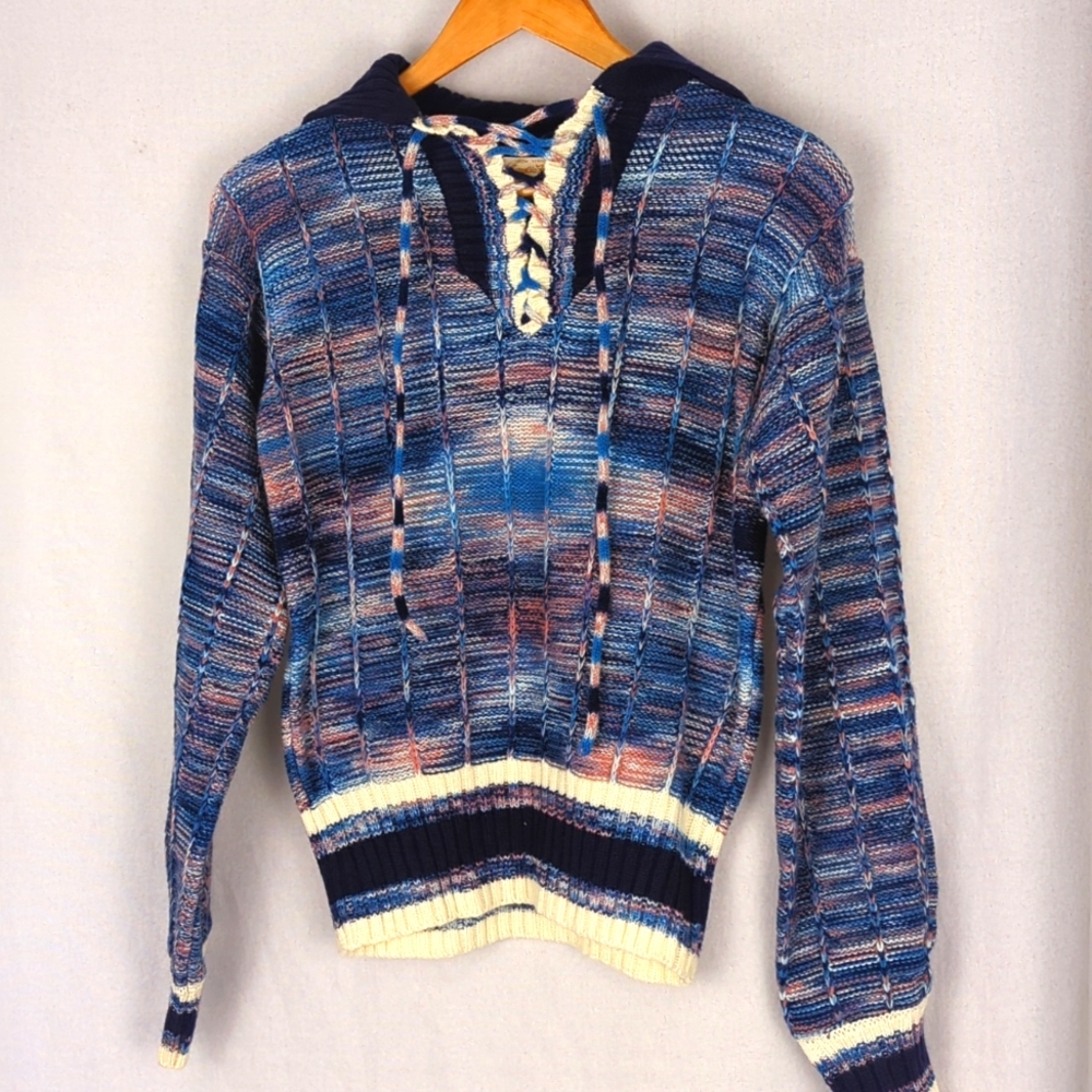 VINTAGE 60s 70s Acrylic Fibre Blue Knit Beatnik Sweater